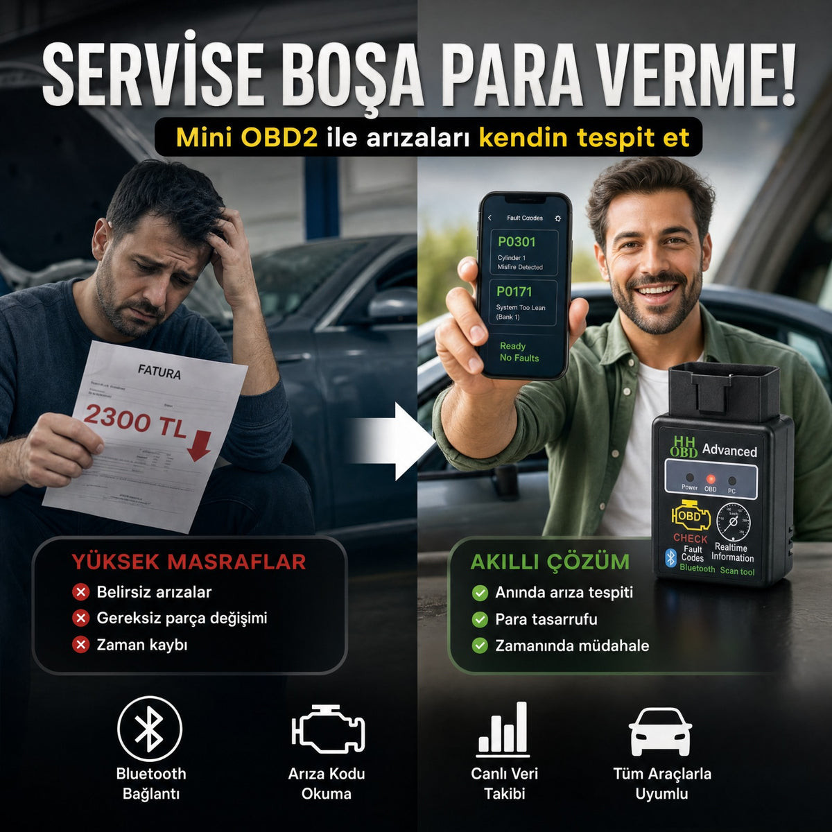 Mini OBD2 Bluetooth Araç Arıza Tespit Cihazı