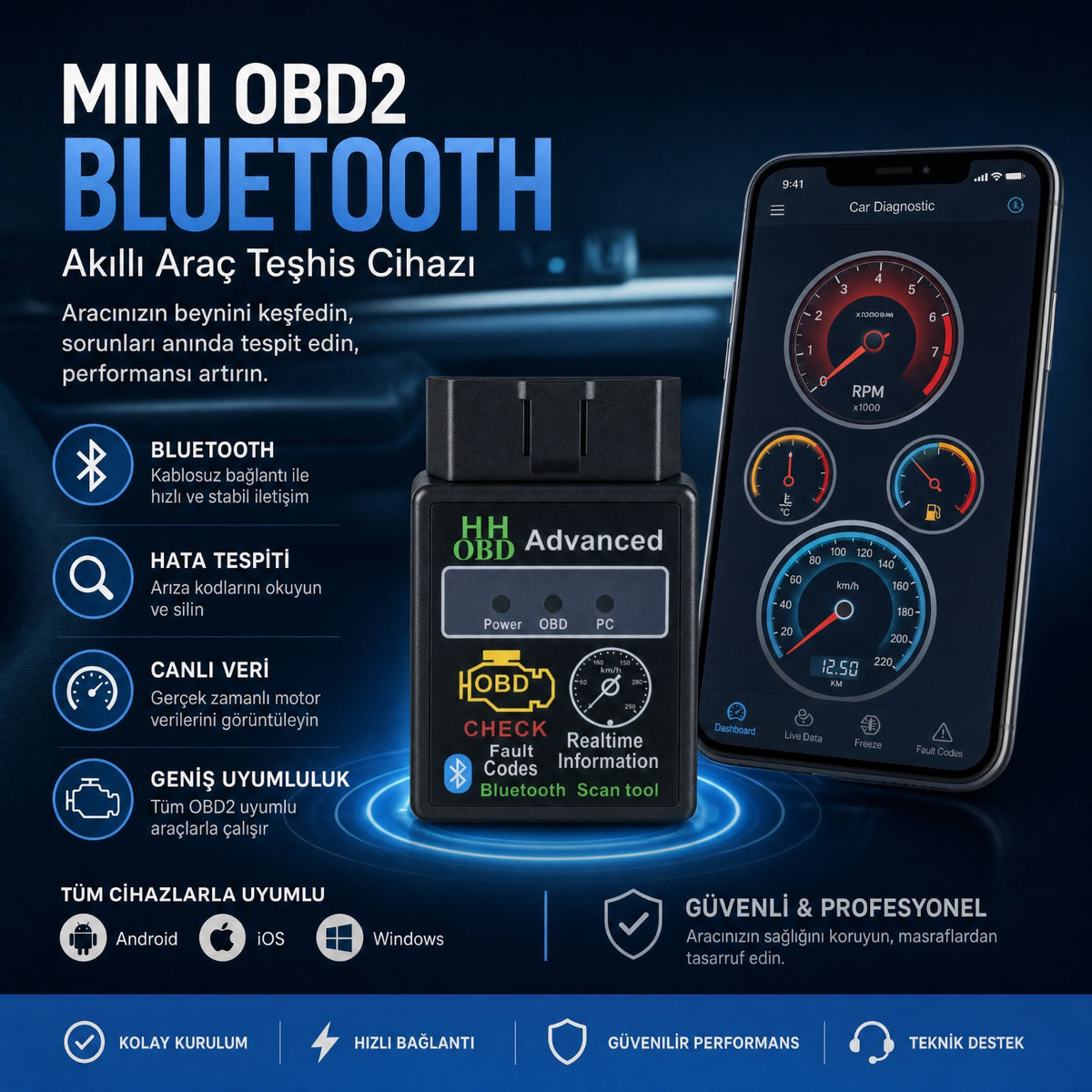 Mini OBD2 Bluetooth Araç Arıza Tespit Cihazı